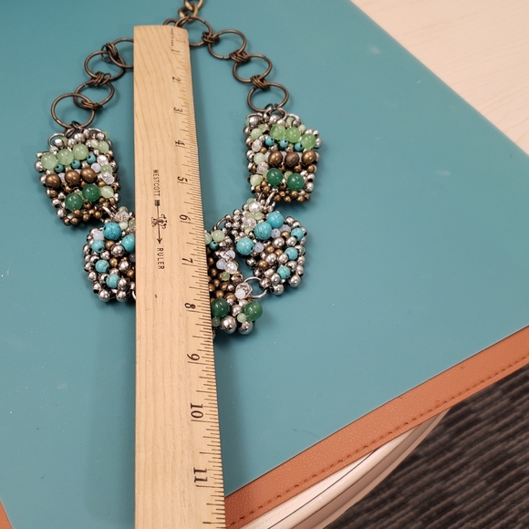 Pam Miran  green turquoise glass cats eye opalite beaded bib statemen necklace - Picture 5 of 14